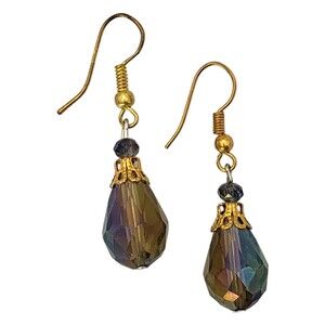 Vintage Faceted Teardrop Iridescent Dangle Drop Hook Gold Tone Earrings